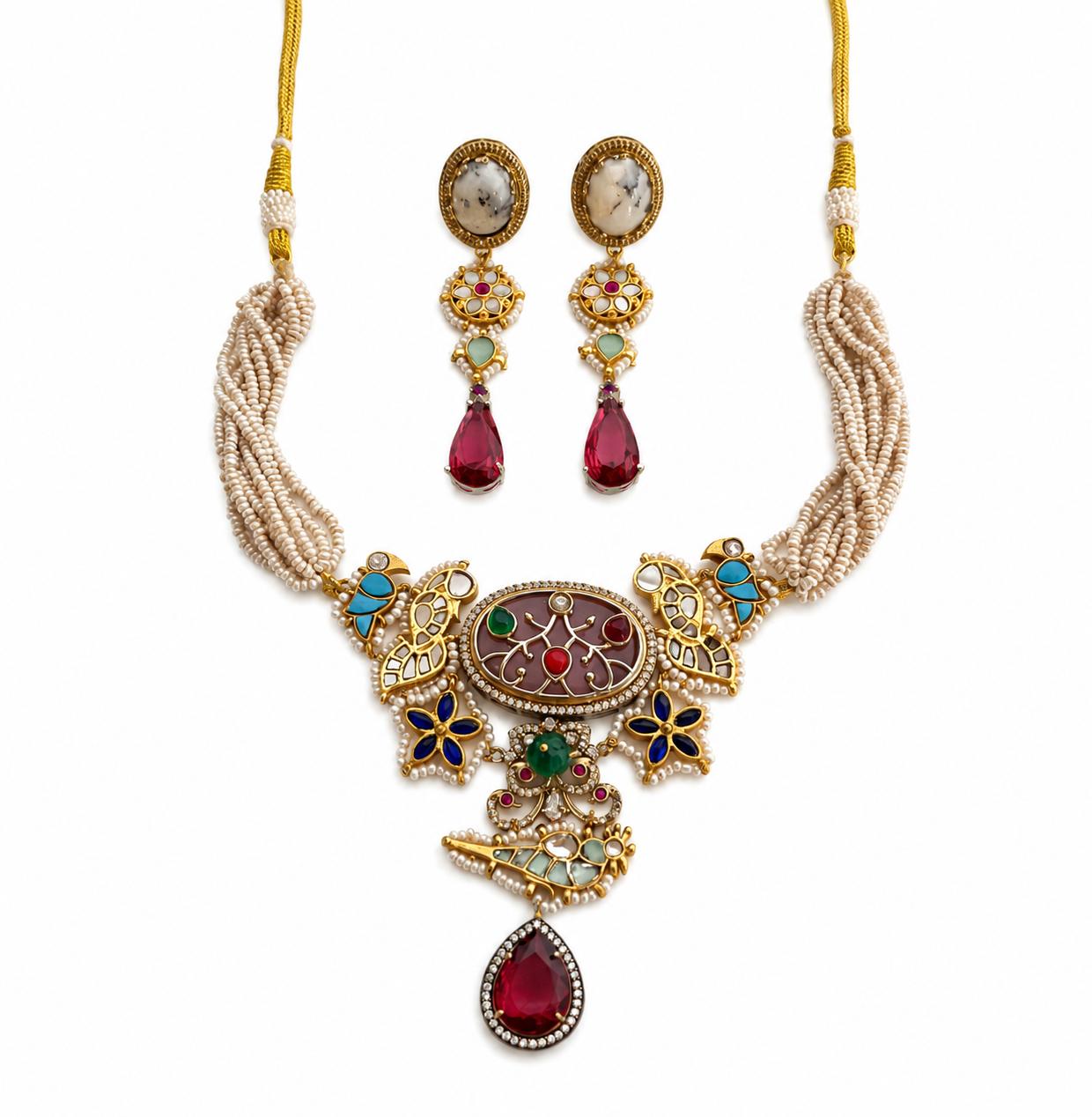 9rock The Ruby Bird Kundan Necklace and Earring Set - kundan Jewellery