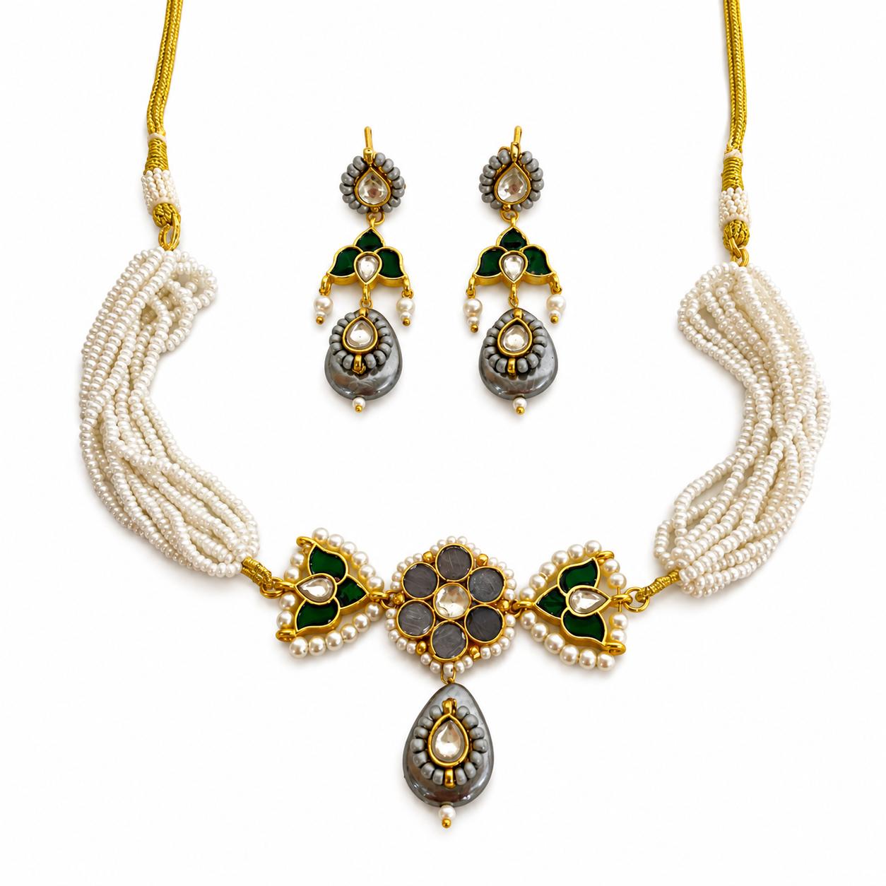 9rock The Pearlescent Lotus Kundan Necklace And Earring Set - kundan Jewellery