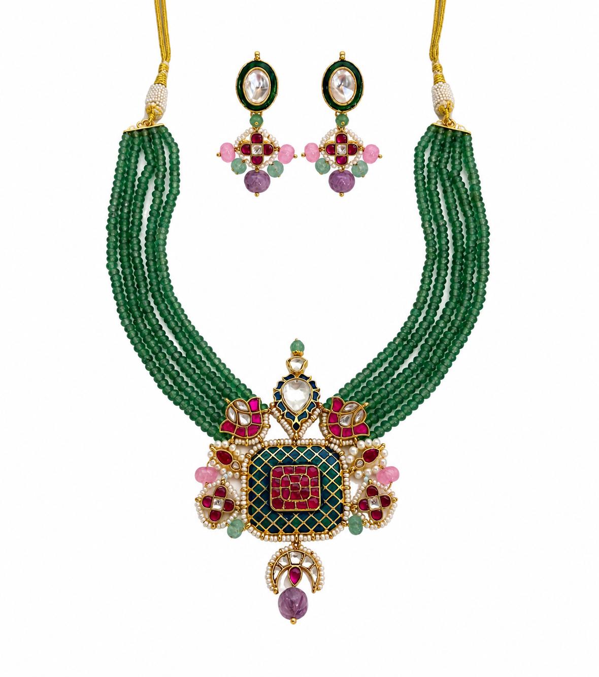 9rock Emerald Kundan Necklace Earring Set - kundan Jewellery