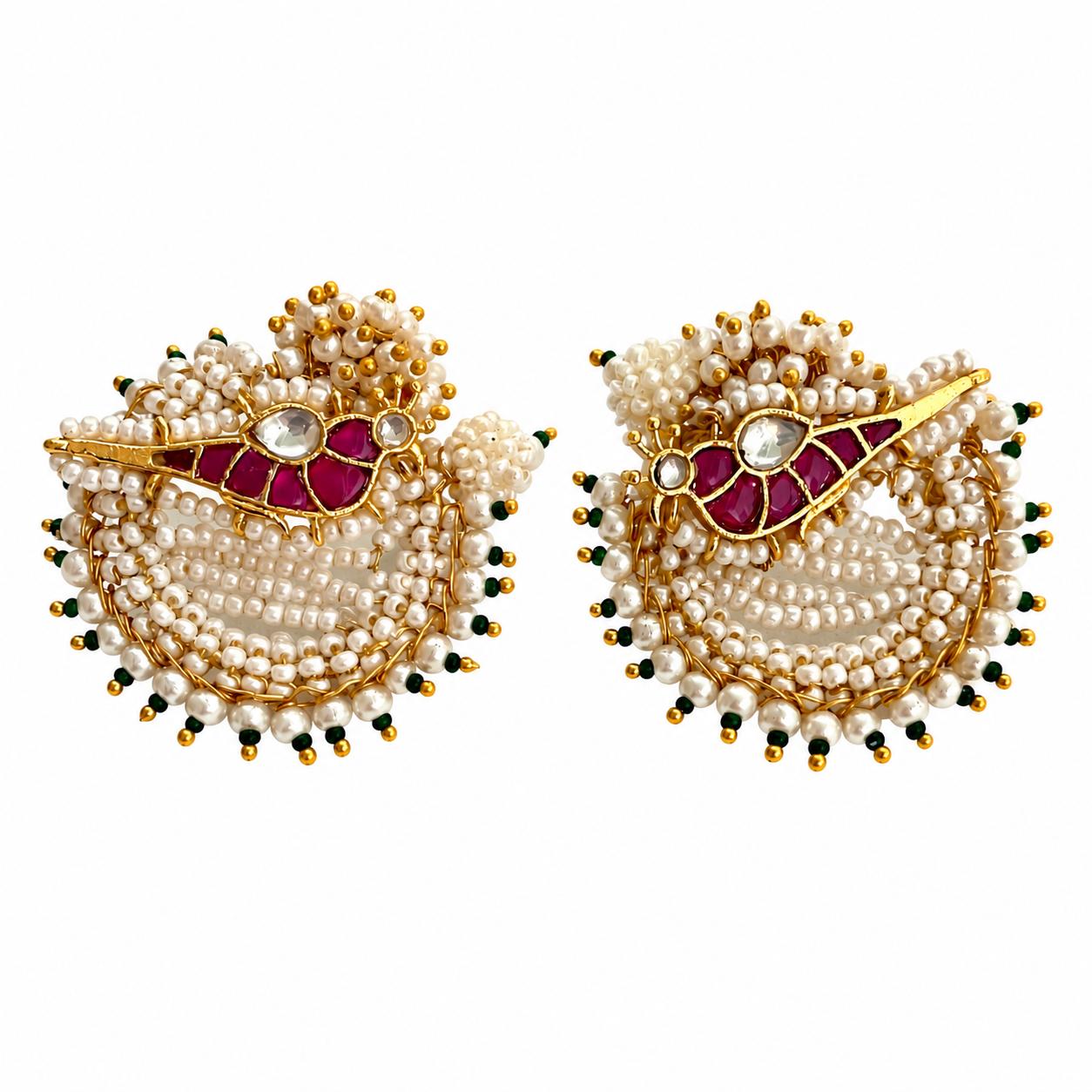 9rock The Ruby Pearl Peacock Earrings - kundan Jewellery