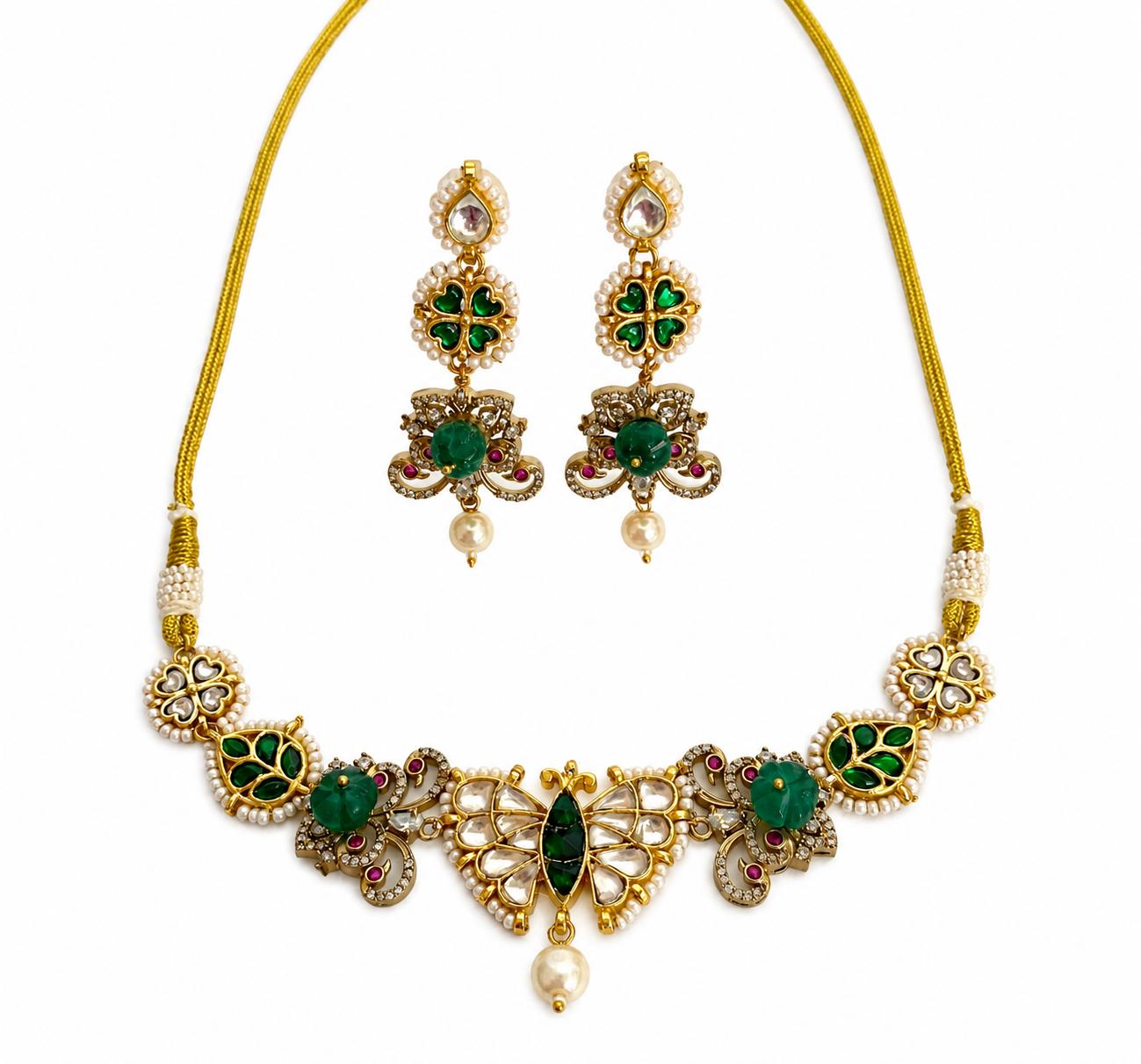 9rock The Emerald Butterfly Kundan Necklace And Earring Set - kundan Jewellery
