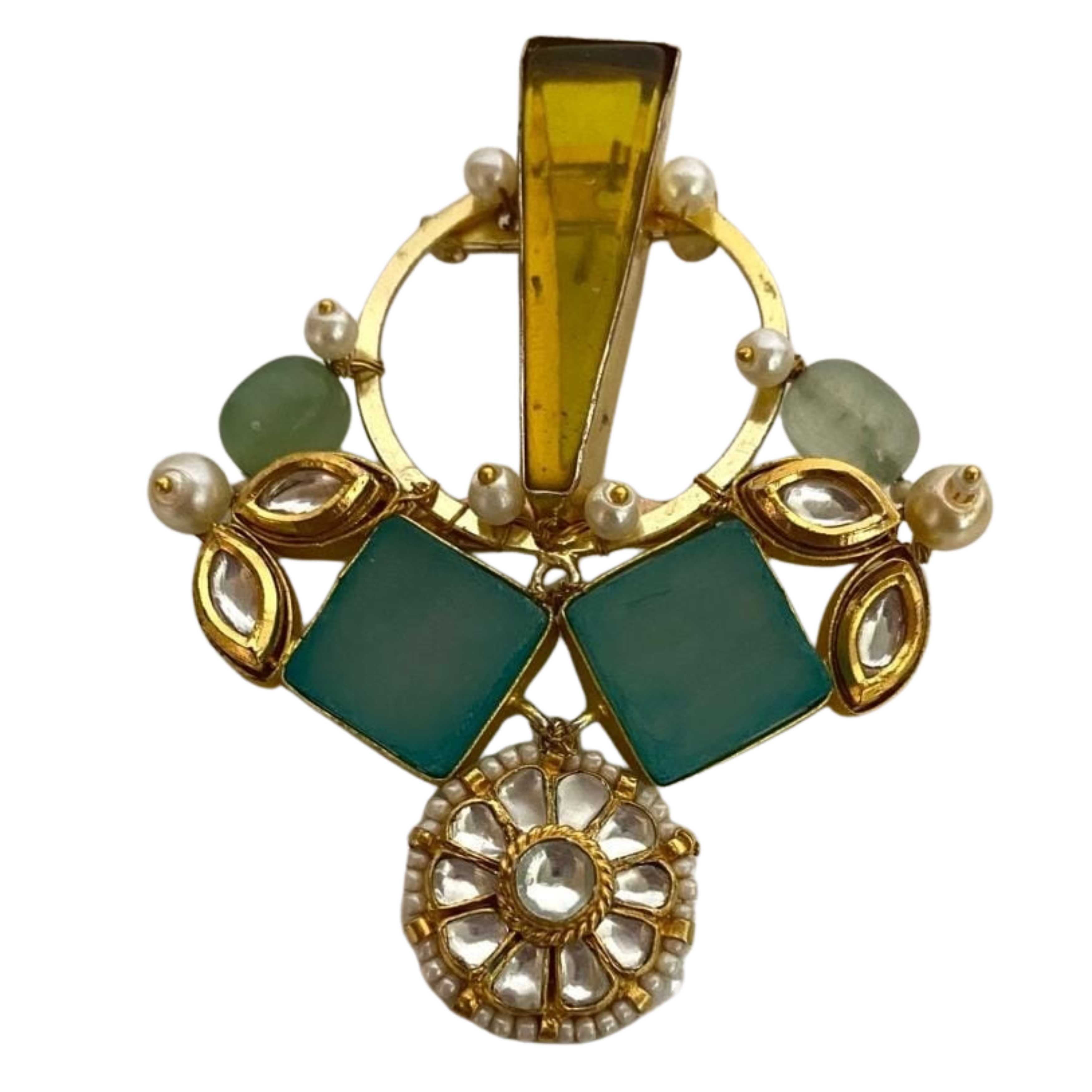 9rock The Geometric Green Kundan Gender Neutral Brooch - kundan Jewellery
