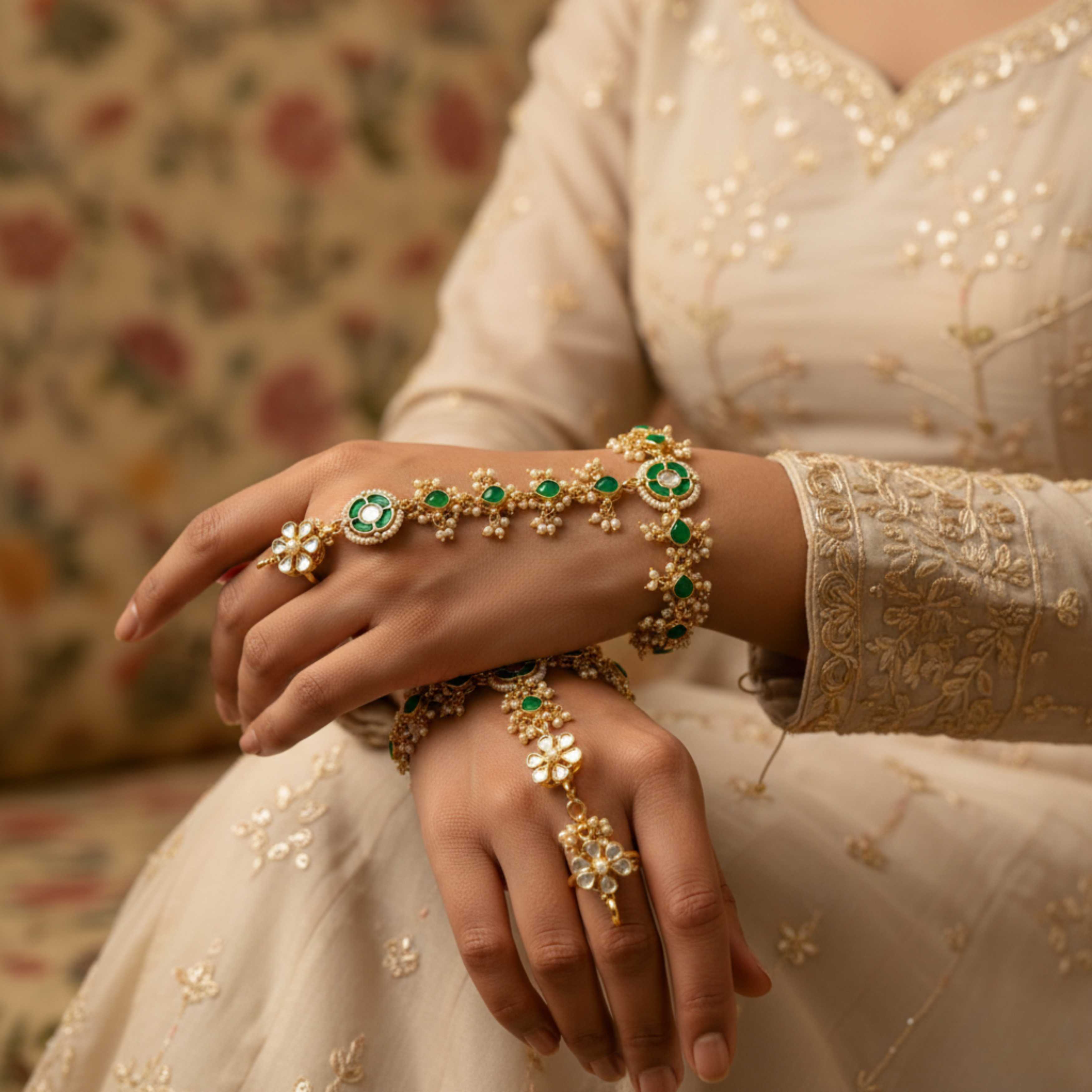 9rock The Emerald Kundan Hathphool Set - kundan Jewellery
