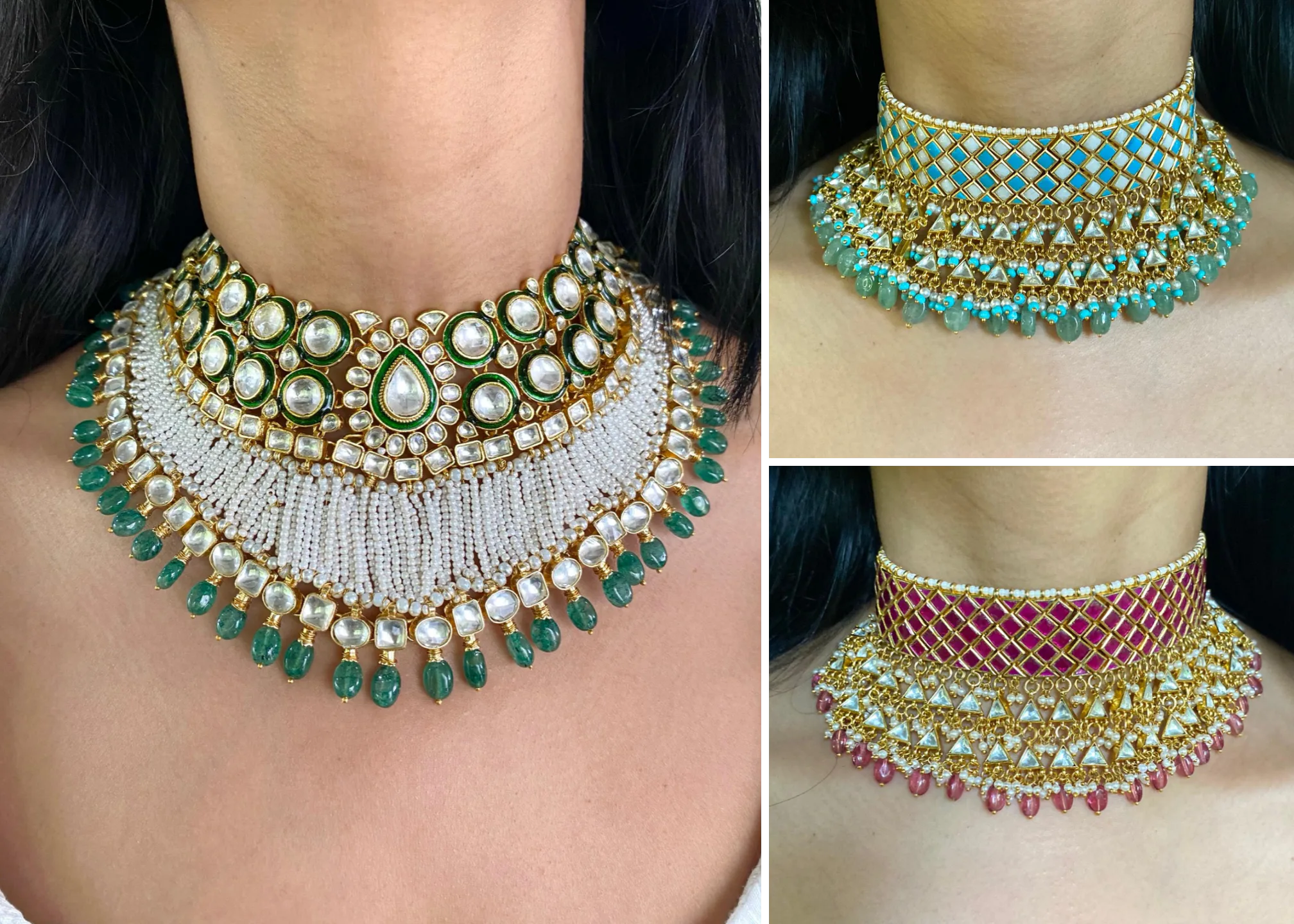 Kundan bridal chokers worn by models: an emerald choker with pearl strands, alongside pink, ruby and multicolour kundan pieces