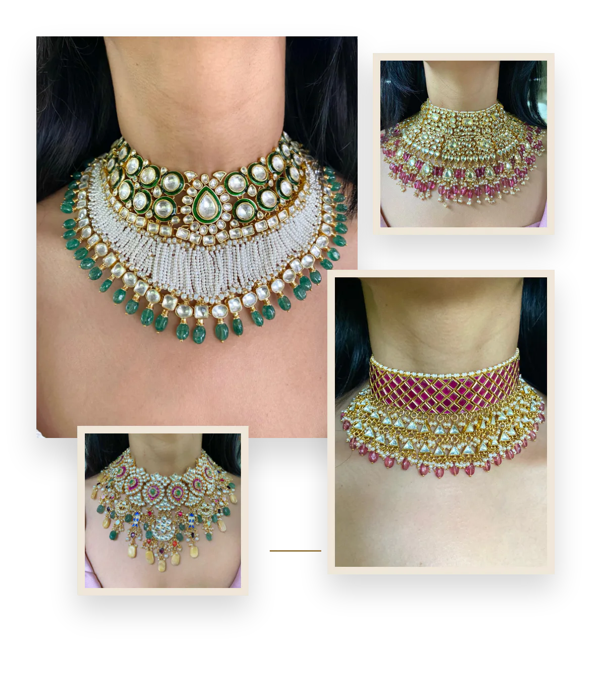 Kundan bridal chokers worn by models: an emerald choker with pearl strands, alongside pink, ruby and multicolour kundan pieces