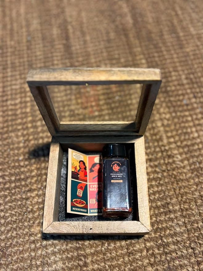 Spicy Nani wooden gift box with the jar and comic card inside